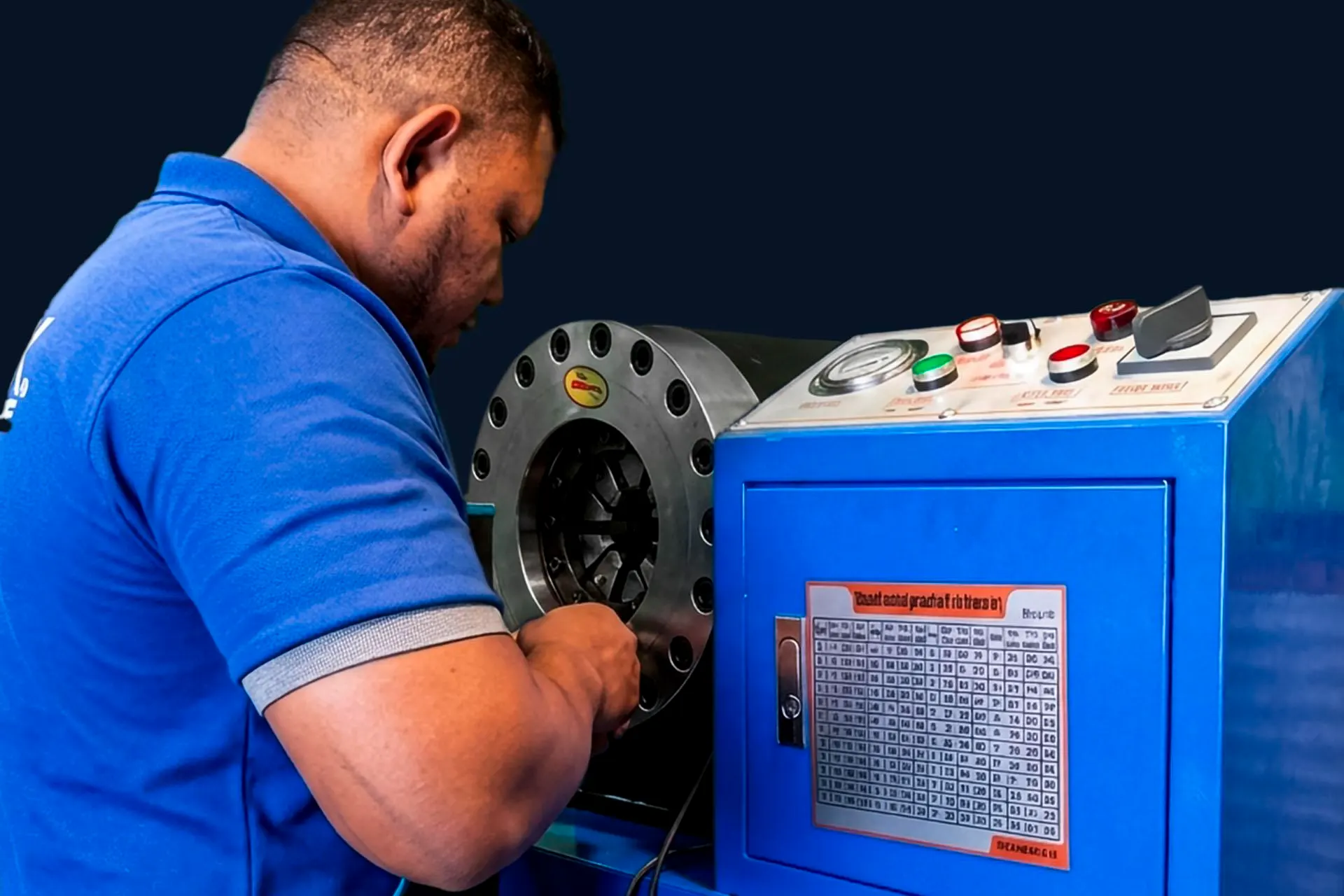 Técnico de Filproca prensando una manguera hidráulica en la máquina prensadora del taller en San Francisco, Zulia