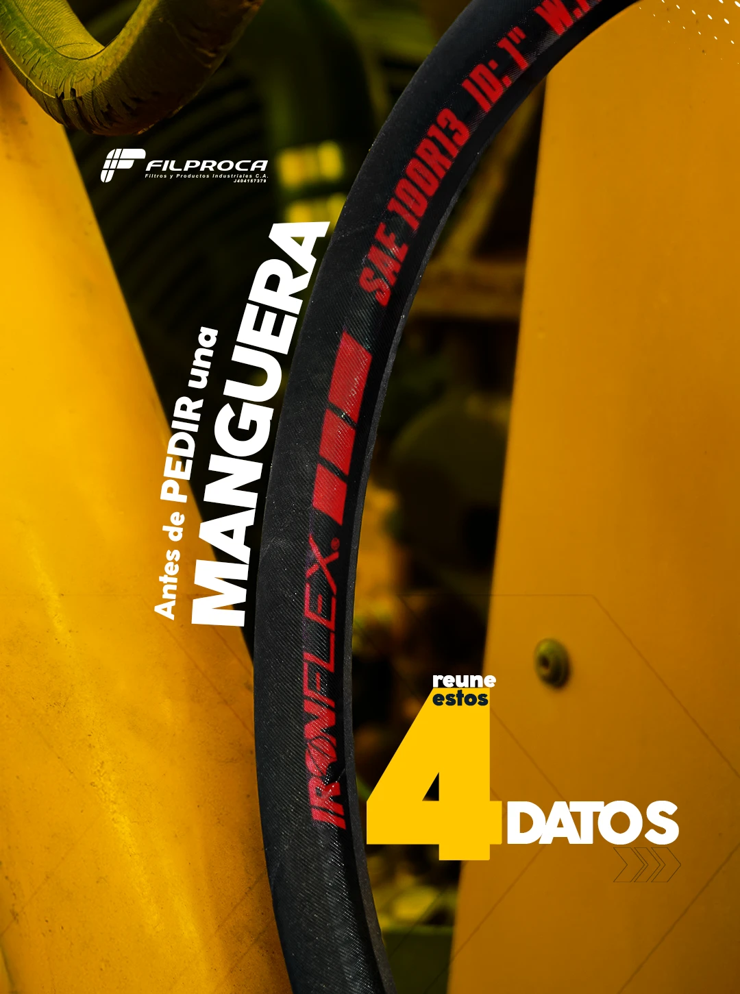 Manguera hidráulica Ironflex SAE 100R13 de 1 pulgada. Texto: Antes de pedir una manguera, reúne estos 4 datos.