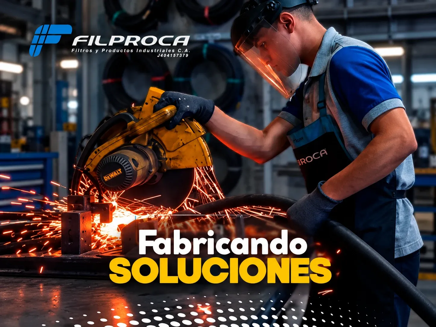 Técnico de Filproca cortando una manguera industrial con tronzadora en el taller. Texto: Fabricando soluciones.