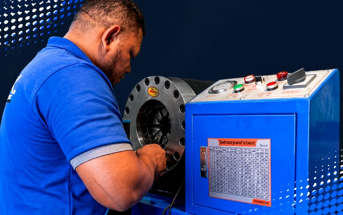 Técnico de Filproca colocando la conexión de una manguera hidráulica en la prensadora del taller