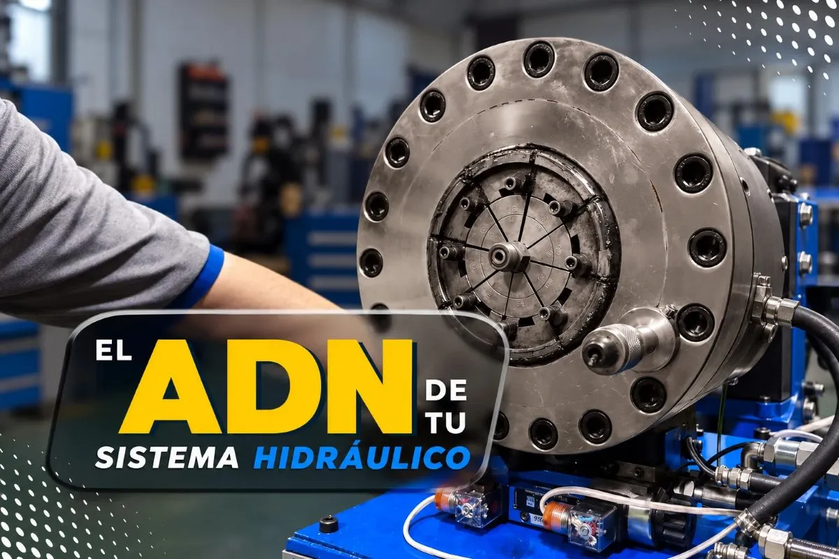 Prensadora de mangueras hidráulicas en el taller de Filproca. Texto: El ADN de tu sistema hidráulico.